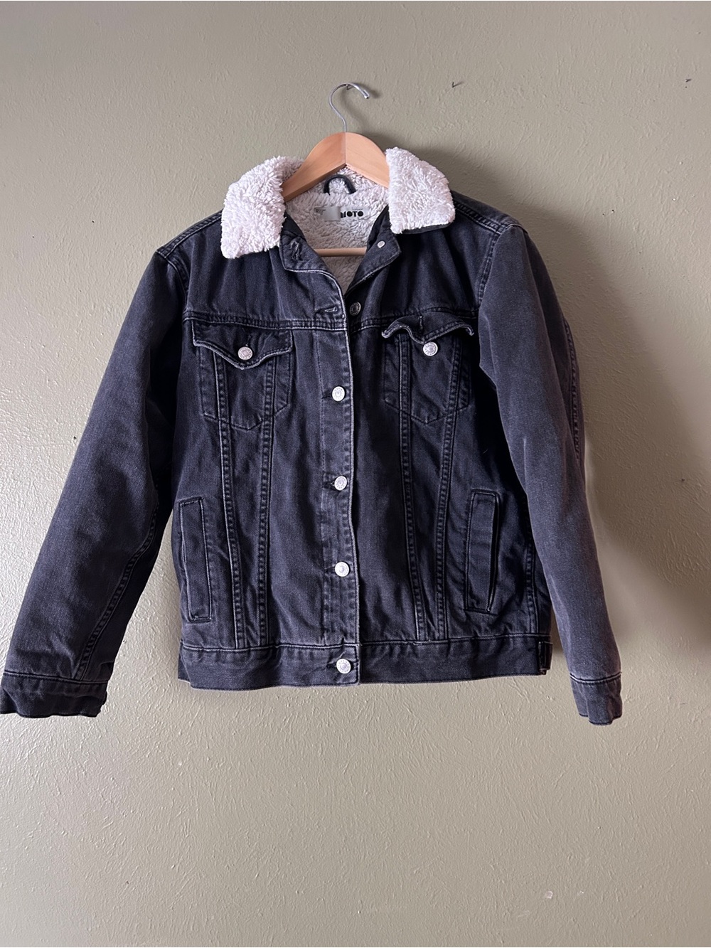 Top Shop Black Sherpa lined Denim Biker Moto Workwear Jacket